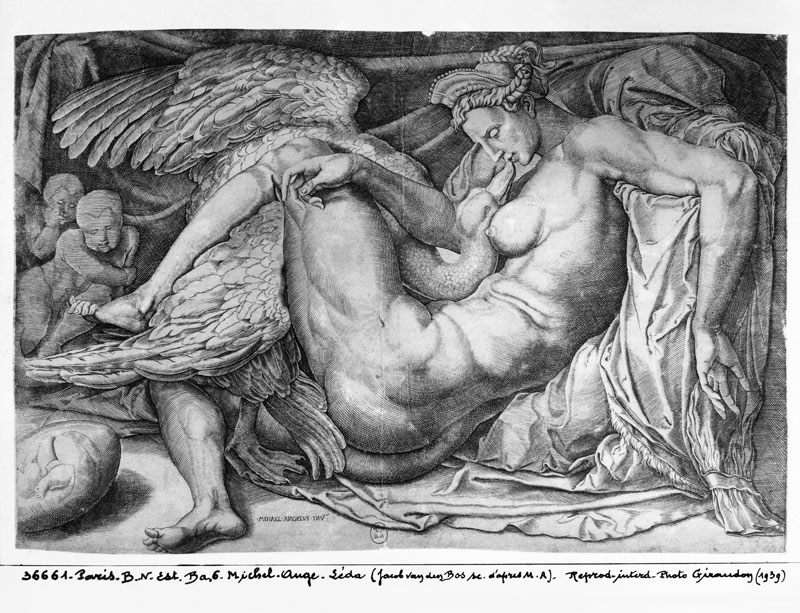 Leda; engraved by Jacobus Bos, Boss or Bossius (b.c.1520) od (after) Michelangelo Buonarroti