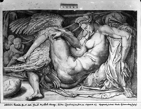 Leda; engraved by Jacobus Bos, Boss or Bossius (b.c.1520) od (after) Michelangelo Buonarroti