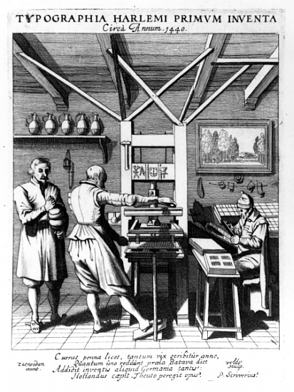 The bindery of Laurens Janszoon Koster; engraved by J. van der Velde, published by  in ''Laure-crans od (after) Pieter Jansz Saenredam
