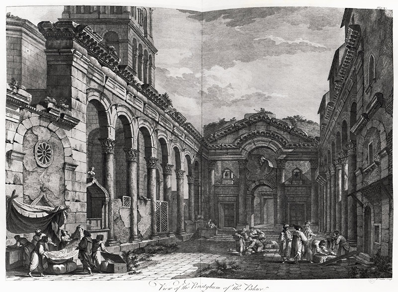 View of the peristyle of the palace of Diocletian (245-313), Roman Emperor 284-305, at Split on the  od (after) Robert Adam