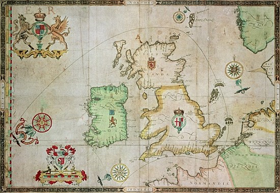 Map showing the route of the Armada fleet; engraved by Augustine Ryther, 1588 (see 133339 for b/w) od (after) Robert Adams