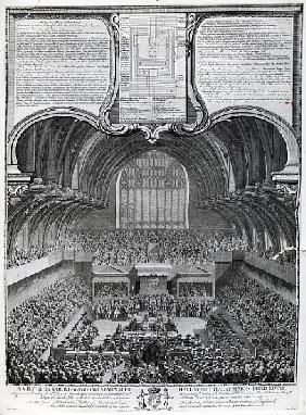 Trial of Simon Fraser, Lord Lovat, in Westminster Hall; engraved by James Basire