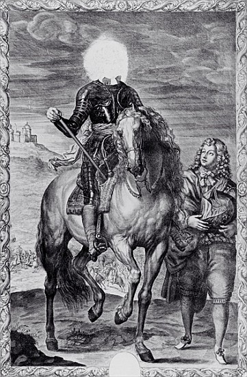 Defaced equestrian portrait of Charles I; engraved by Pierre Lombart od (after) Sir Anthony van Dyck