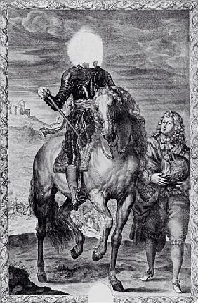 Defaced equestrian portrait of Charles I; engraved by Pierre Lombart