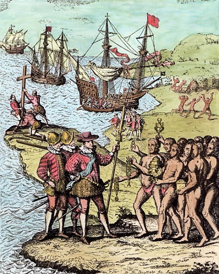 Columbus at Hispaniola, from ''The Narrative and Critical History of America'', edited Justin Winsor od (after) Theodore de Bry
