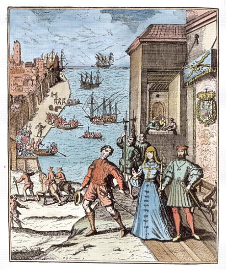 Parting of Columbus with Ferdinand and Isabella, from ''Narrative and Critical History of America'', od (after) Theodore de Bry