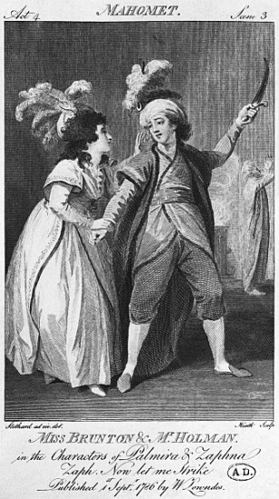 Miss Brunton and Mister Holman as Palmira and Zaphna, illustration from Act IV, Scene 3, of ''Le Fan od (after) Thomas Stothard