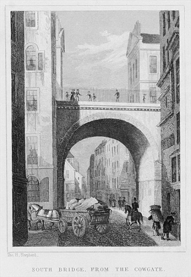 South Bridge from the Cowgate, Edinburgh ; engraved by William Watkins od (after) Thomas Hosmer Shepherd