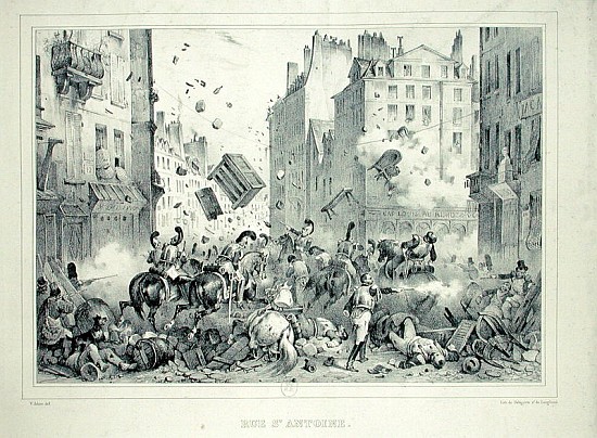 Rue Saint-Antoine in July 1830; engraved by H. Delaporte od (after) Victor Adam