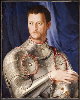 Portrait des Cosimo I De' Medici (1519-1574), seine rechte Hand auf seinem Helm ruhend