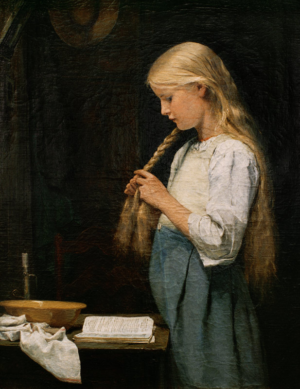 Girl braiding her hair od Albert Anker