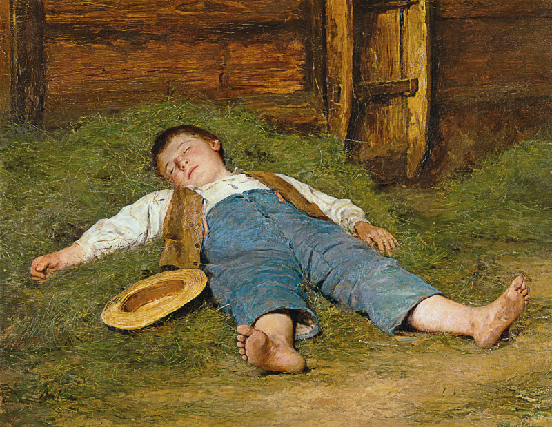 Sleeping boy in the hay. od Albert Anker