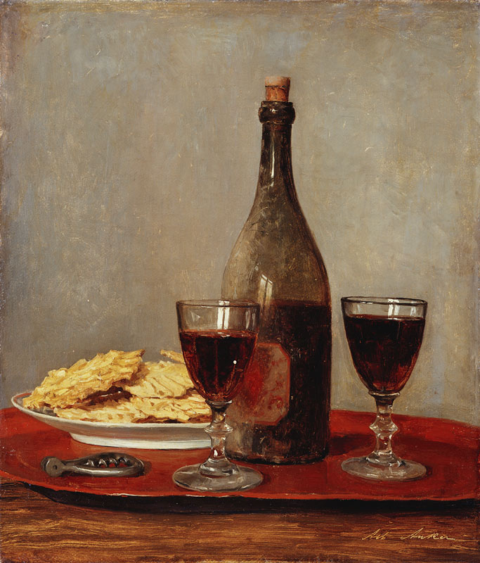 Stillleben mit zwei Rotweingläsern, einer Flasche, einem Korkenzieher und einem Teller mit Gebäck. od Albert Anker