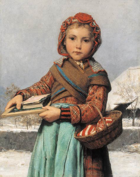 Schoolgirl with Slate and Sewing Basket od Albert Anker