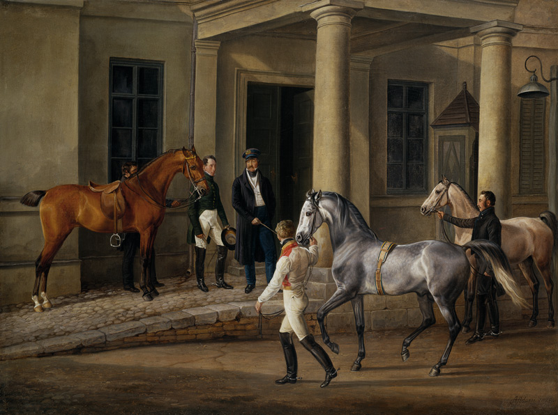 Two noble horses are demonstrated to the lord of the castle. od Albrecht Adam
