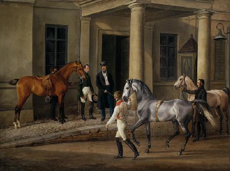 Two noble horses are demonstrated to the lord of the castle.