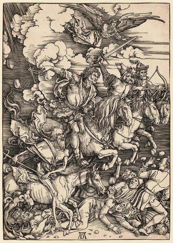 Die apokalyptischen Reiter, aus der Folge der Apokalypse, Einzeldruck vor dem Text od Albrecht Dürer