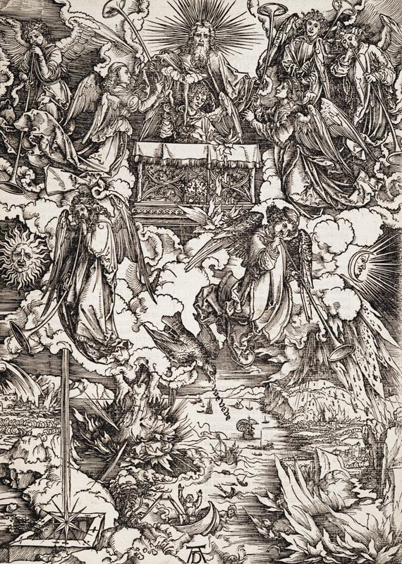 Die sieben Posaunenengel, aus der Folge der Apokalypse, Latein-Ausgabe 1511 od Albrecht Dürer