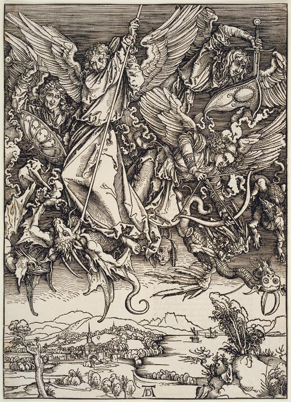 Michaels Kampf mit dem Drachen, aus der Folge der Apokalypse, Urausgabe Deutsch 1498 od Albrecht Dürer