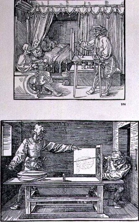 Apparatus for translating three-dimensional objects into two-dimensional drawings, two scenes from t od Albrecht Dürer