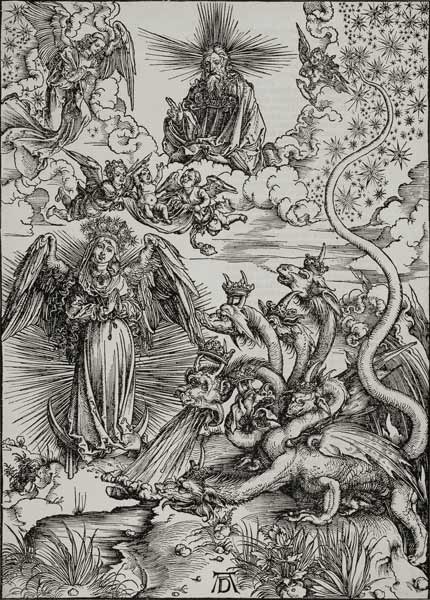 Das Sonnenweib und der siebenköpfige Drache, Apokalypse IX od Albrecht Dürer