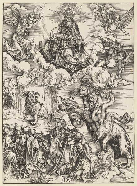 Das Tier mit den Lammhörnern, aus der Folge der Apokalypse, Einzeldruck vor dem Text od Albrecht Dürer