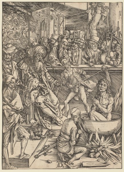 Die Marter des Evangelisten Johannes, aus der Folge der Apokalypse, Urausgabe Deutsch 1498 od Albrecht Dürer