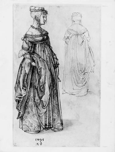 Frau in venezianischem Kostuem, daneben dasselbe Kostuem von rueckwaerts od Albrecht Dürer