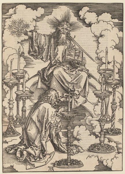 Johannes erblickt die sieben Leuchter, aus der Folge der Apokalypse, Latein-Ausgabe 1511 od Albrecht Dürer