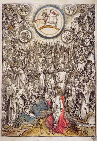 The Lamb of God appears on Mount Sion, 1498 (colour woodcut) od Albrecht Dürer