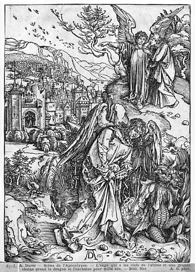 Scene from the Apocalypse, The angel holding the keys of the abyss and a big chain, enchains the dra od Albrecht Dürer