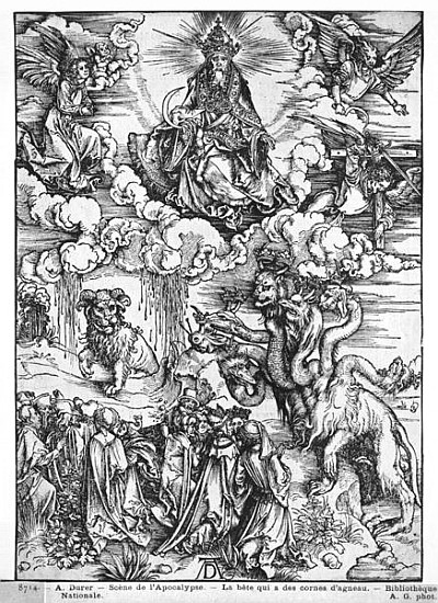 Scene from the Apocalypse, The seven-headed and ten-horned dragon od Albrecht Dürer