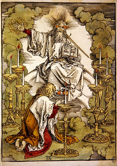 St. John on the Island of Patmos receives inspiration from God to create the Apocalypse, 1498 (colou od Albrecht Dürer