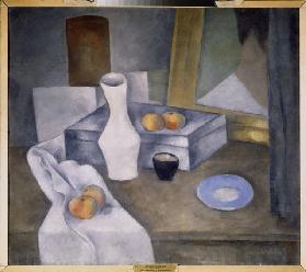 Still life with apples and blue saucer