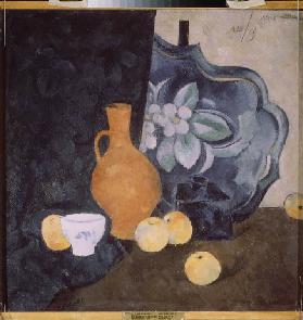 Still life with a yellow jug and a white bowl