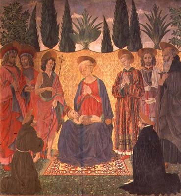 Madonna and Child with SS. Cosmas and Damian, John the Baptist, Lawrence, Julian and Anthony; kneeli od Alesso Baldovinetti