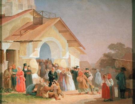 Coming out of a Church in Pskov od Alexander Iwanowitsch Morosov