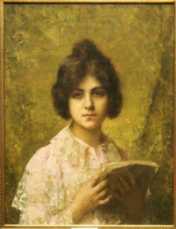 Junge Frau, ein Buch haltend. od Alexei Alexevich Harlamoff