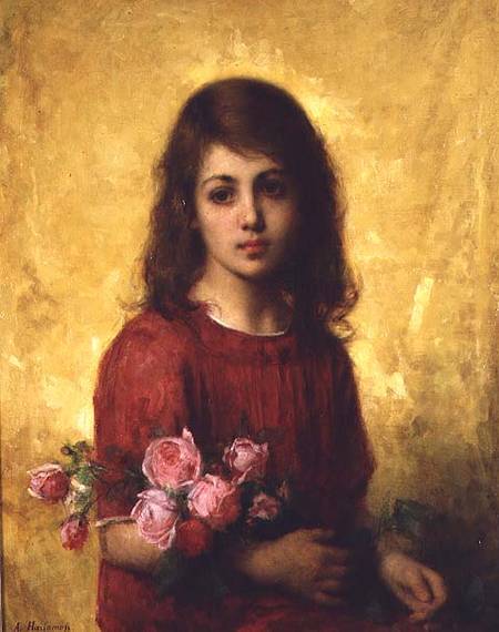 Portrait of a Young Girl holding a Bunch of Roses od Alexei Alexevich Harlamoff