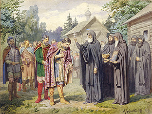 Fürst Dimitry bei Sergej von Radonesch vor der Schlacht gegen die Tataren od Alexej Danilovich Kivschenko