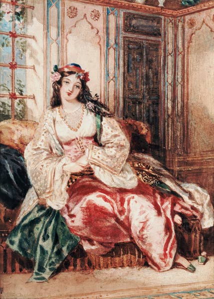 A Lady Seated in an Ottoman Interior Wearing Turkish Dress od Alfred-Edward Chalon