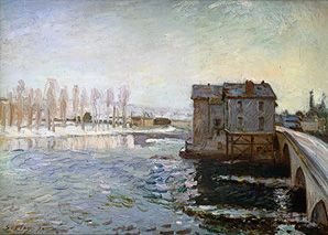 Water-mill at the bridge of Moret in winter od Alfred Sisley