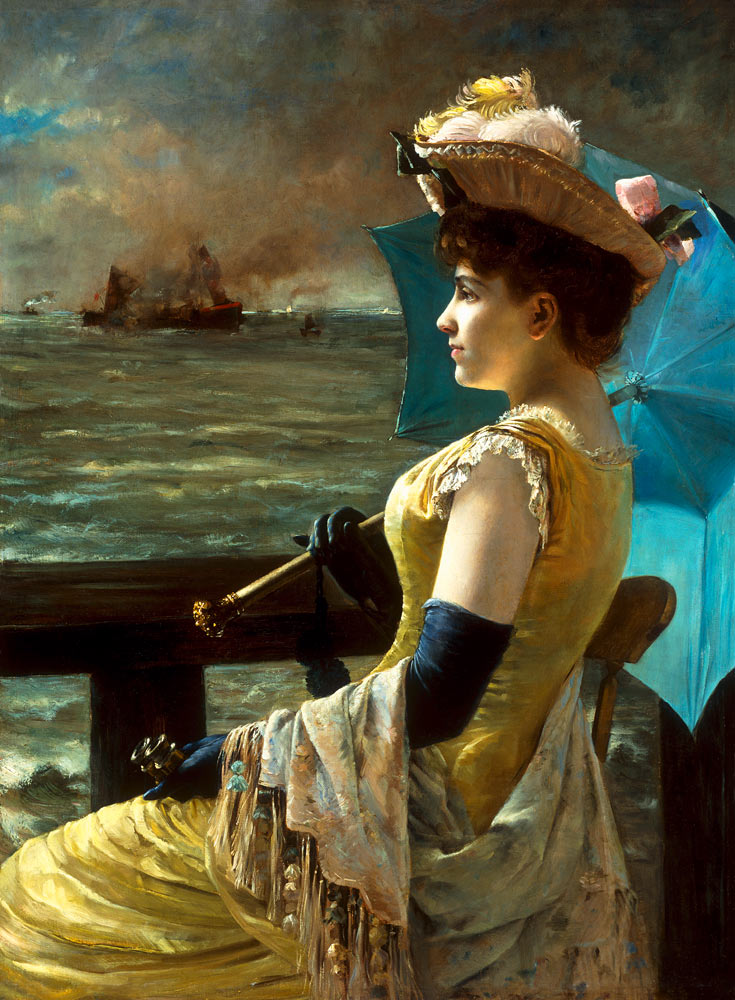 Dame mit einem Sonnenschirm, aufs Meer hinausschauend. od Alfred Stevens
