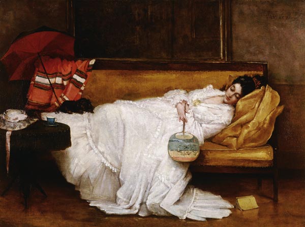 Schlafende junge Frau mit japanischem Fächer. od Alfred Stevens
