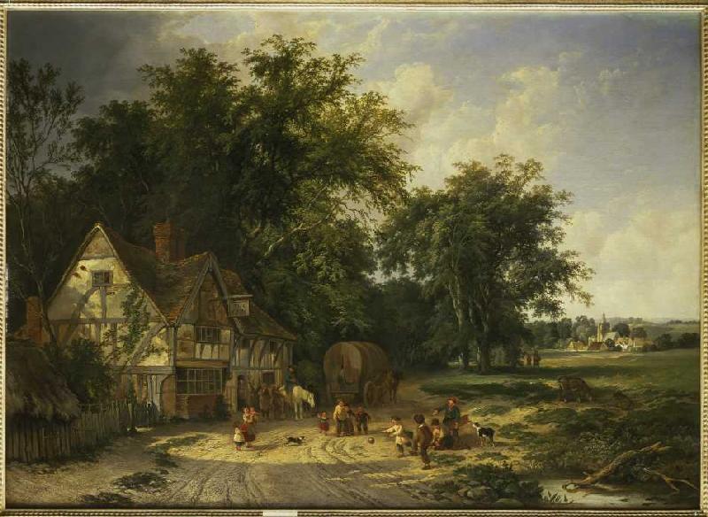 Ball playing boys in front of the pub of The Gun od Alfred Walter Williams