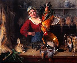 Dutch maid at a sales stand with poultry and deer shot. od Aloys Eckhardt