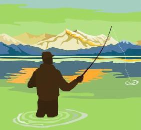 Fishing in the lake with mountains