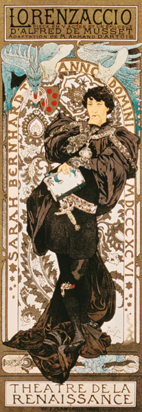 Art Nouveau poster for Lorenziaccio of Alfred de must Laly renaissance in the Theatre de od Alphonse Mucha