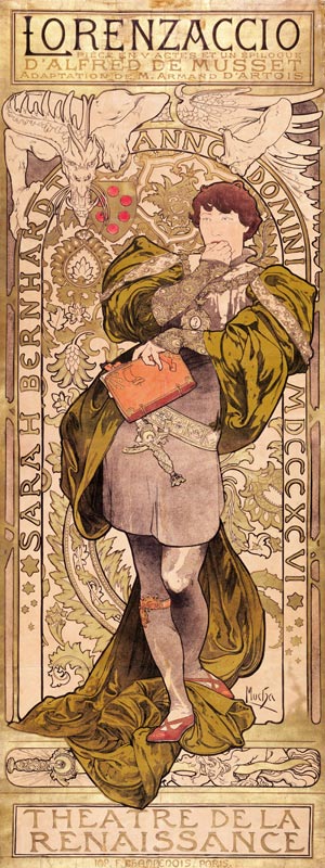 Poster for the theatre play Lorenzaccio by A. de Musset in the Theatre de la Renaissanse (Upper part od Alphonse Mucha