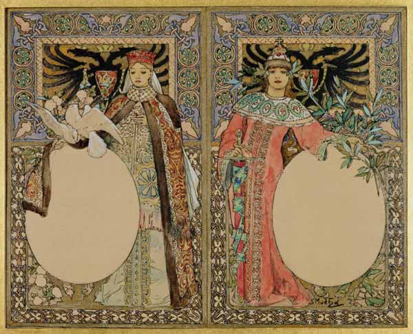 Buch-Illustration mit Frauen in Tracht. od Alphonse Mucha